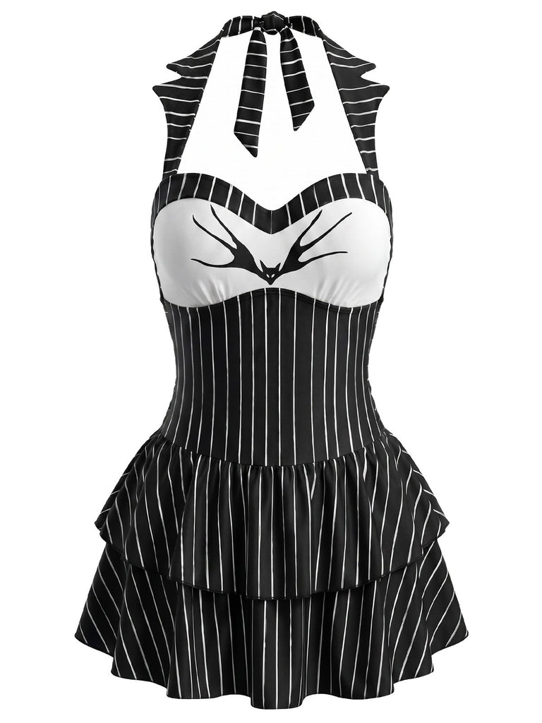 [Prévente] Maillot de Bain à Jupe Halter Gothique Chauve-Souris Rayé Noir Années 1950 2