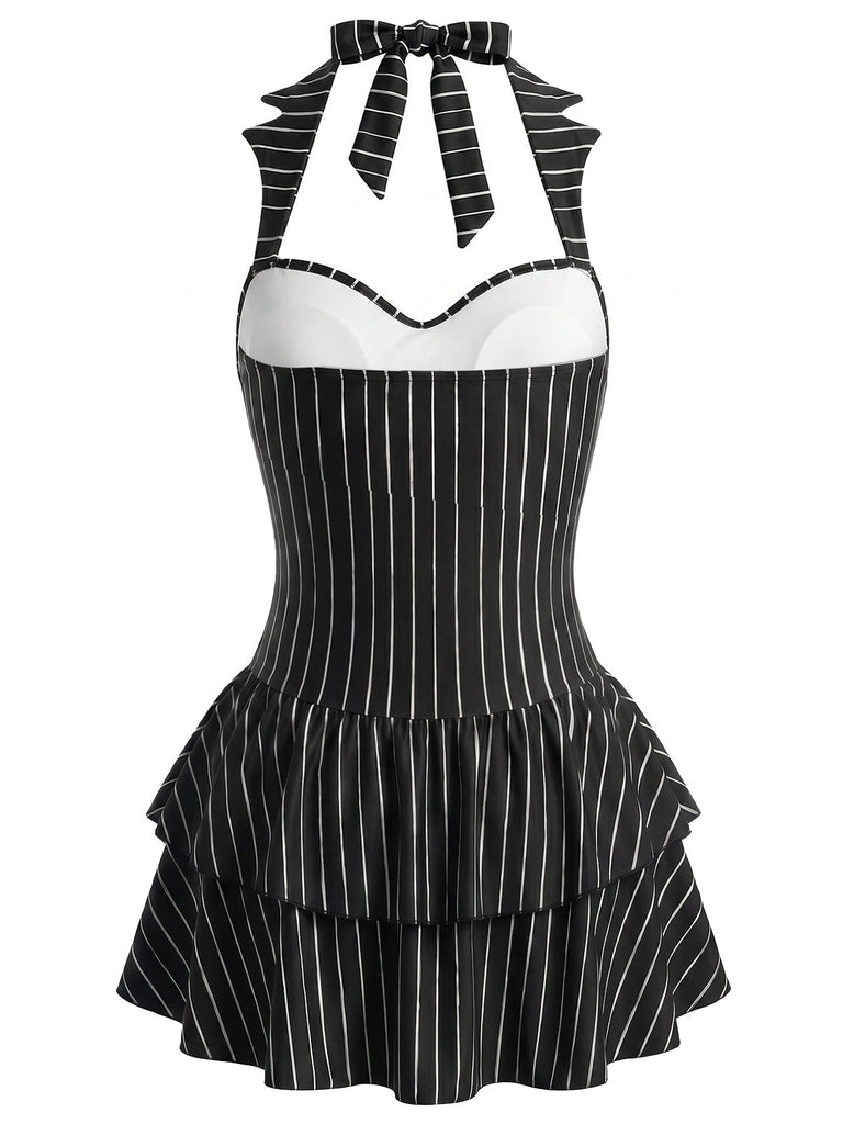 [Prévente] Maillot de Bain à Jupe Halter Gothique Chauve-Souris Rayé Noir Années 1950 3