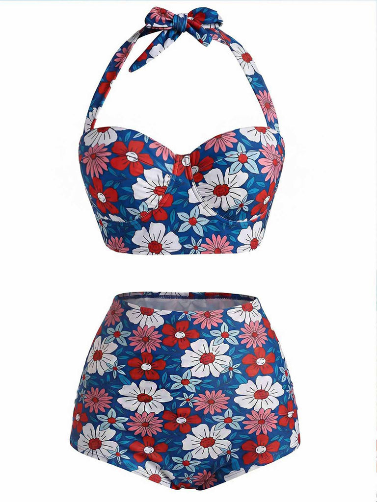[Prévente] Ensemble bikini dos nu motif floral rouge bleu et blanc années 1950