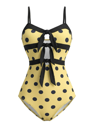 Maillot de Bain 1 Pièce Nœud à Pois Jaune Années 80
