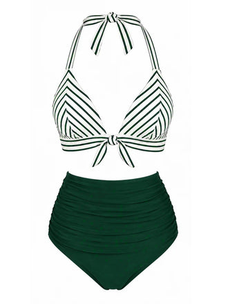 Bikini Rayé Col Licou Froncé Vert Années 1950