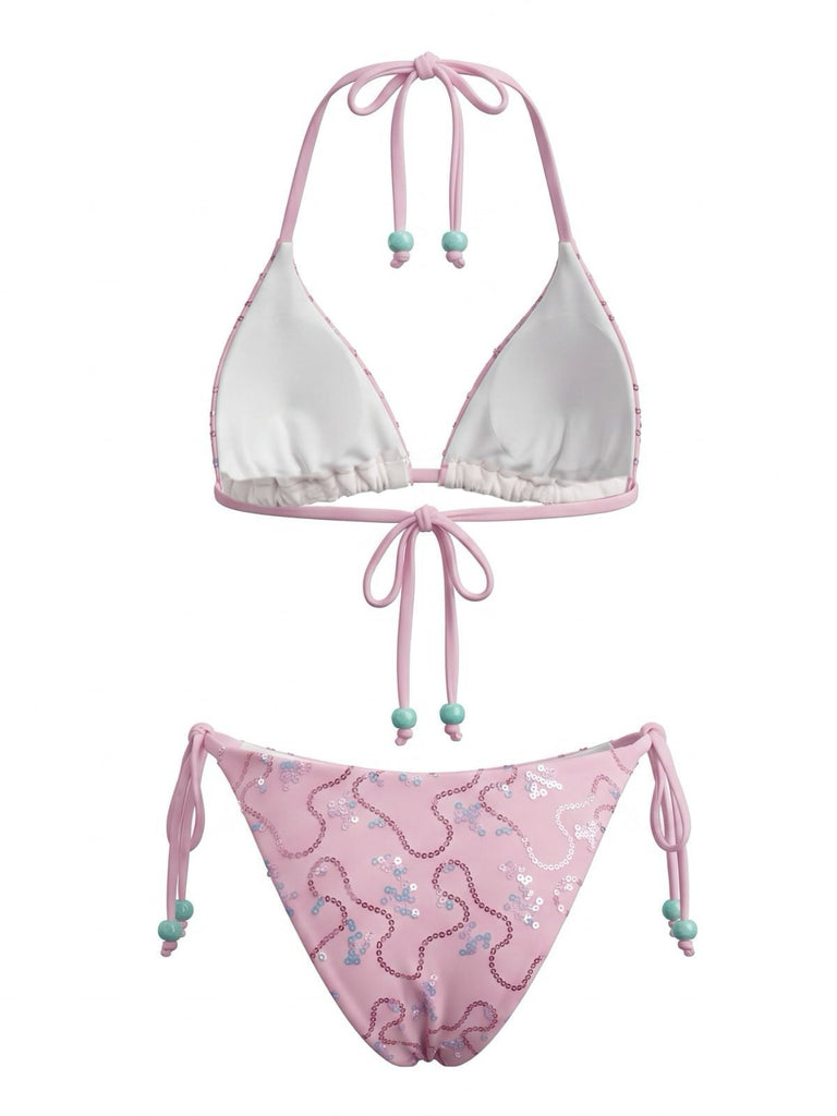 Ensemble Bikini Halter Lacé à Sequins et Perles Années 80