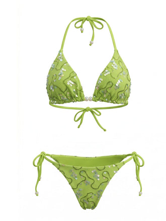 Ensemble Bikini Halter Lacé à Sequins et Perles Années 80