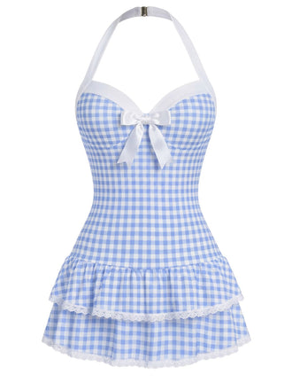 [Prévente] Maillot de bain une pièce bleu clair à pois et nœud des années 1940