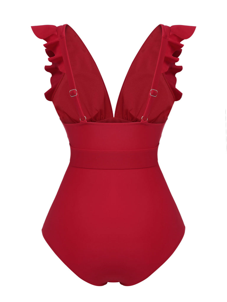 Maillot de bain rouge uni  à col en V profonddes avec ceinture années 1950