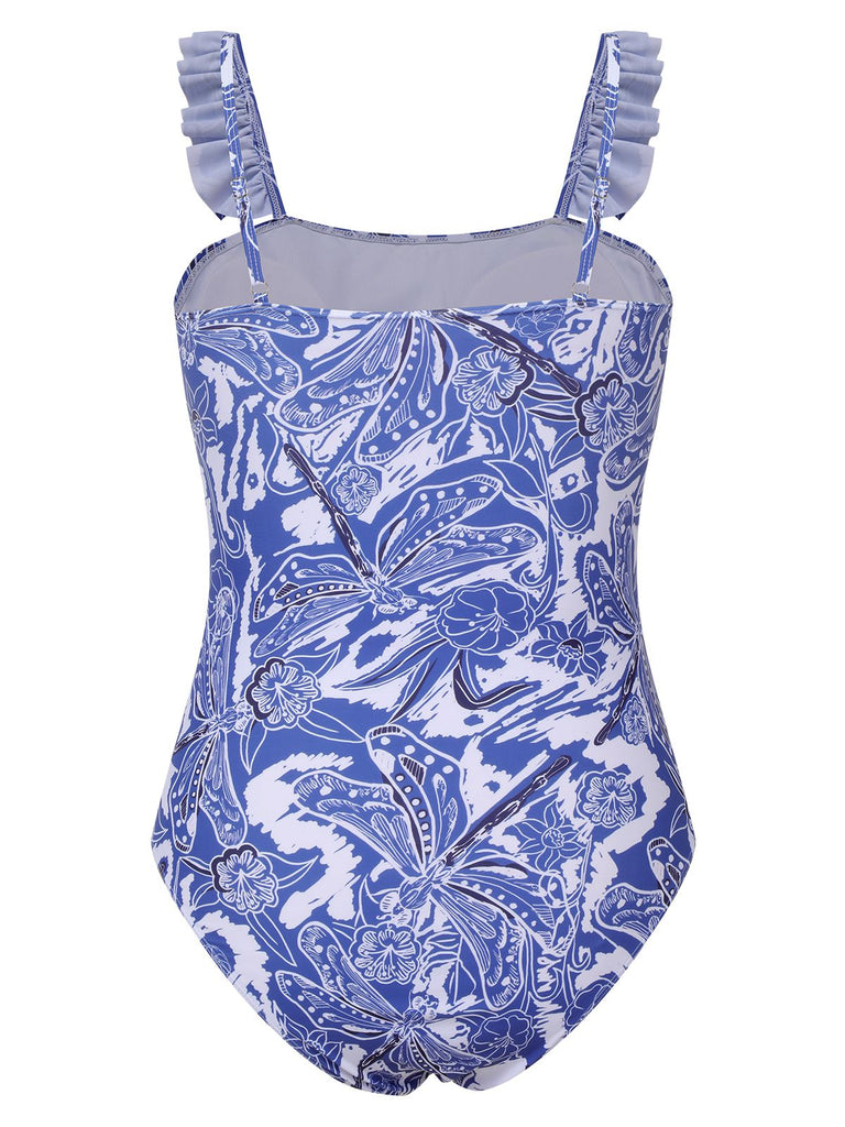 [Grande taille] Maillot de bain et cache-maillot en porcelaine bleue et blanche des années 60