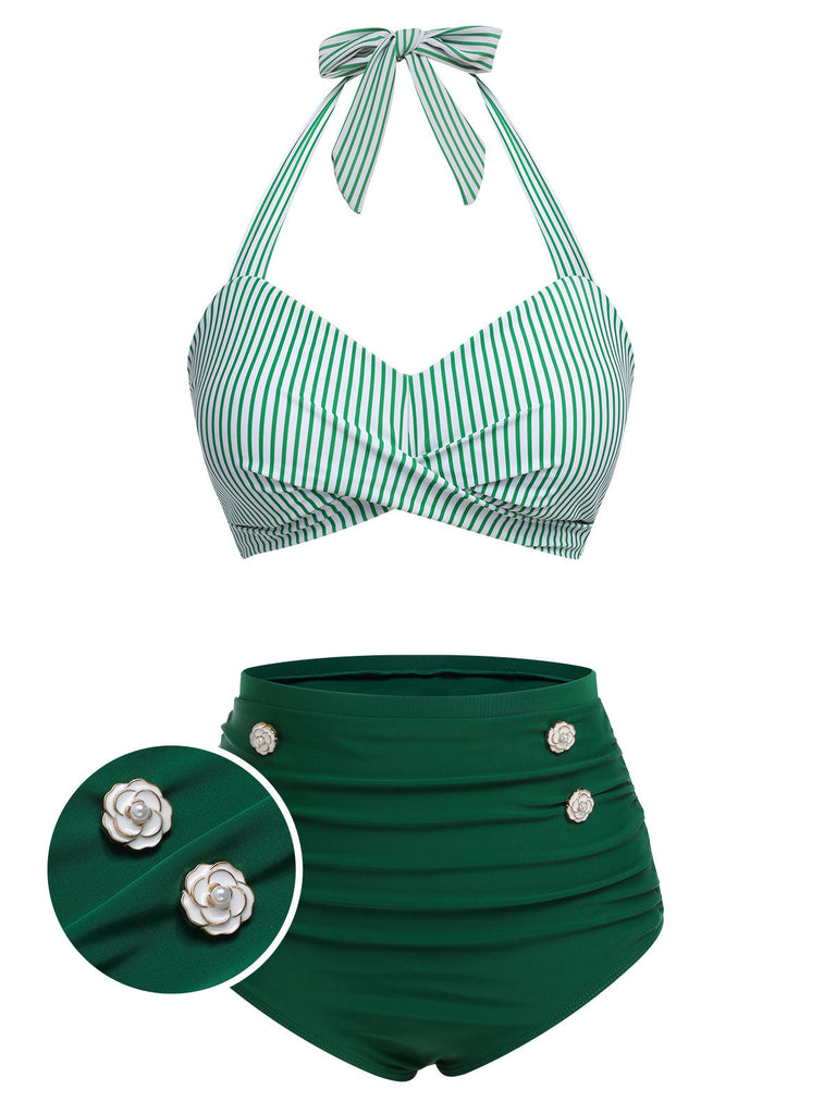 Ensemble de maillot de bain dos nu rayé rouge et bleu des années 1940