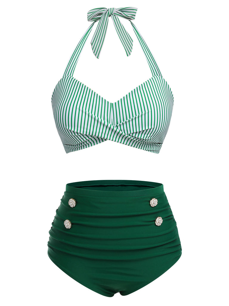 [Prévente] Ensemble de maillot de bain dos nu rayé rose et noir des années 1940
