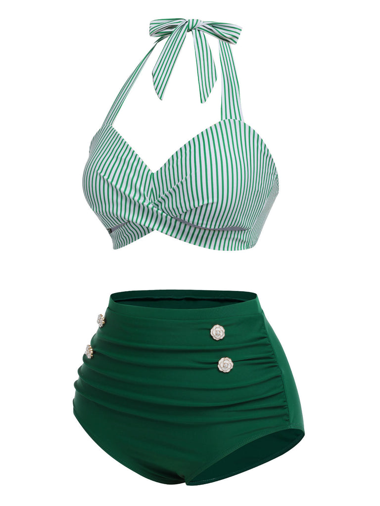 [Prévente] Ensemble de maillot de bain dos nu rayé rose et noir des années 1940