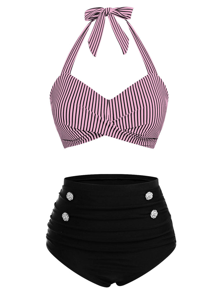 [Prévente] Ensemble de maillot de bain dos nu rayé rose et noir des années 1940