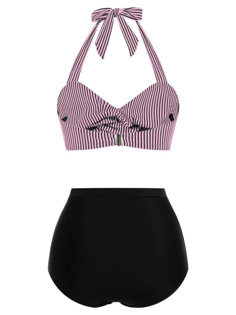 [Prévente] Ensemble de maillot de bain dos nu rayé rose et noir des années 1940