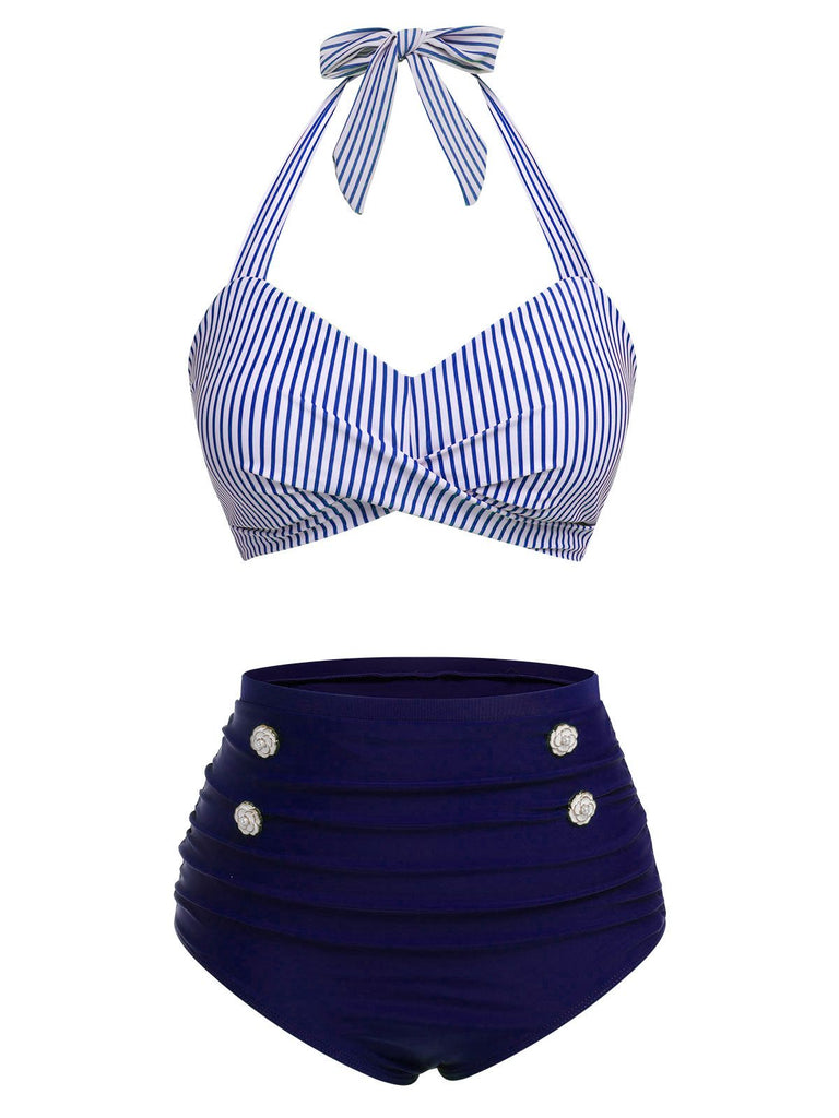 [Prévente] Ensemble de maillot de bain dos nu rayé rose et noir des années 1940