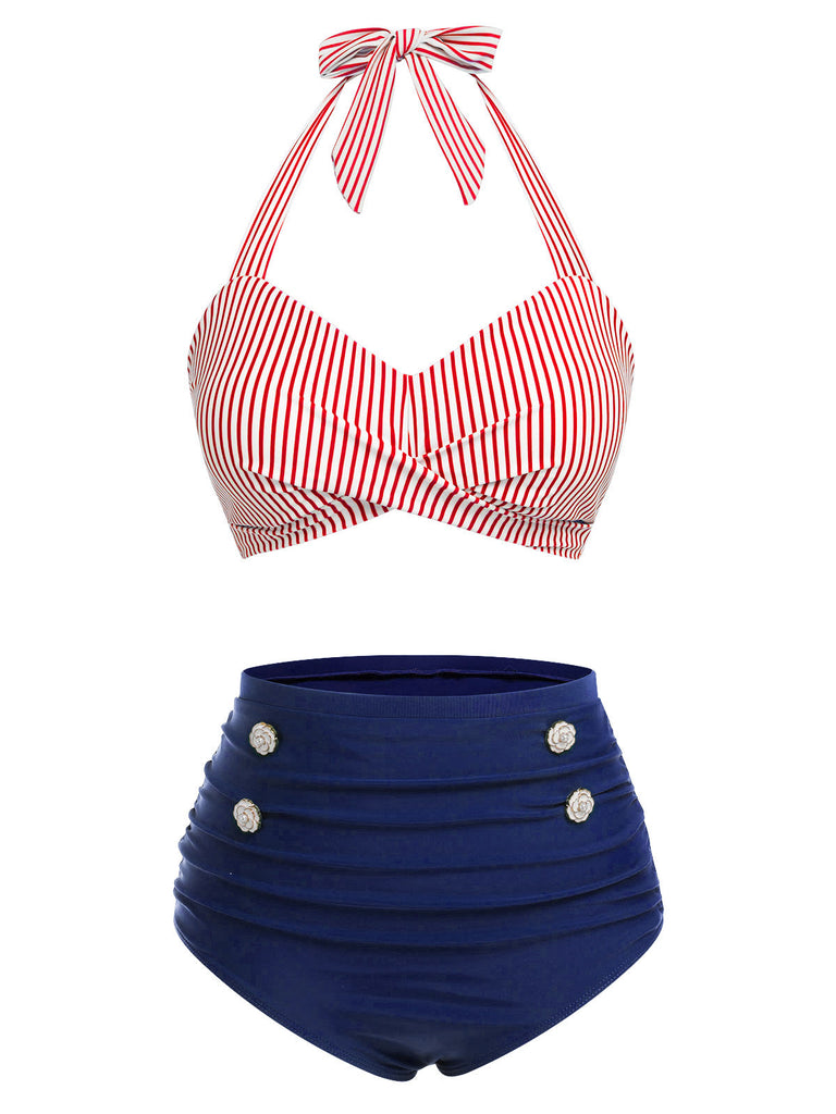 [Prévente] Ensemble de maillot de bain dos nu rayé rose et noir des années 1940