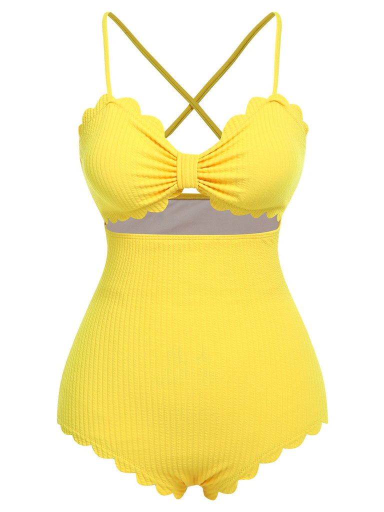 Maillot de bain une pièce jaune à bretelles spaghetti des années 1950