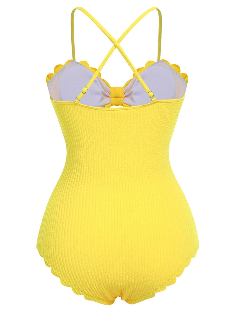 Maillot de bain une pièce jaune à bretelles spaghetti des années 1950