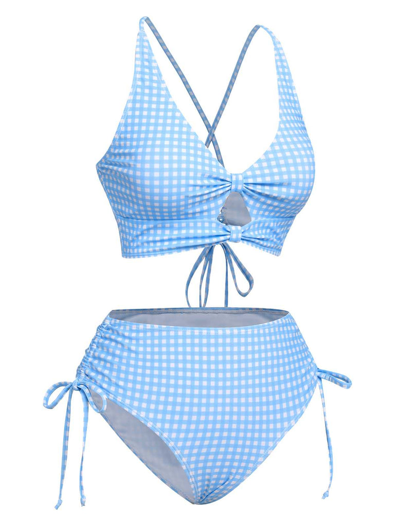 Maillot de bain bleu à carreaux à lacets des années 1950