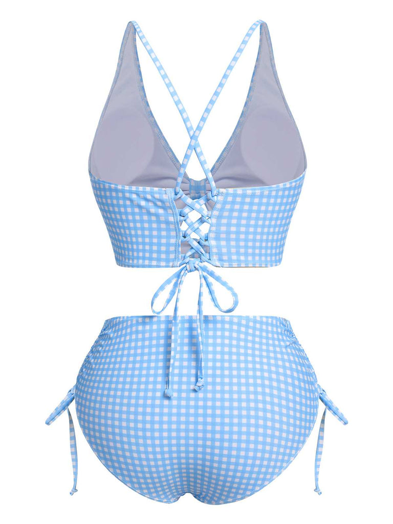 Maillot de bain bleu à carreaux à lacets des années 1950