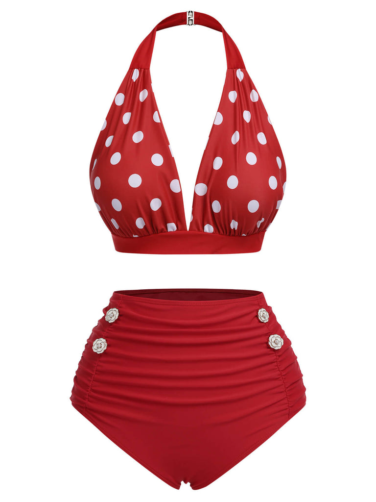 Maillot de bain séparé rouge à pois des années 1950