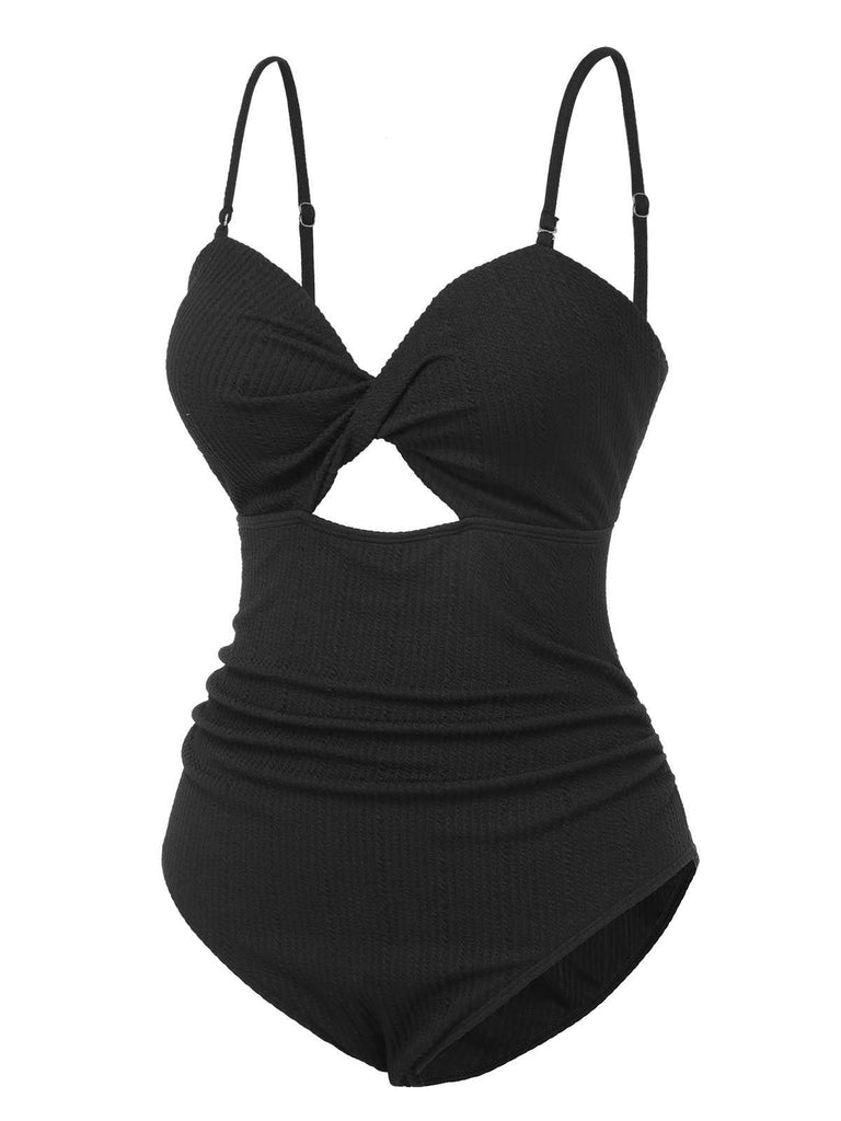 [Grande taille] Maillot de bain noir torsadé à fines bretelles des années 1960