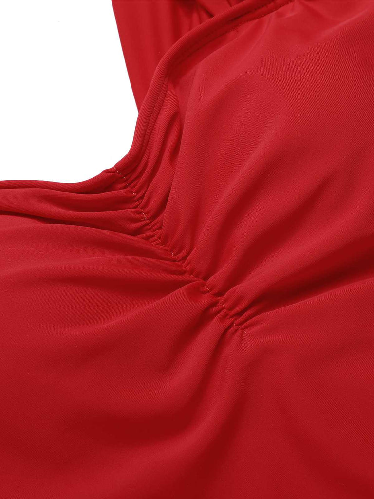 Maillot de bain une pièce plissé uni rouge des années 1950