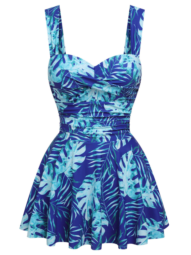 Maillot de bain plantes tropicales bleu royal des années 1960