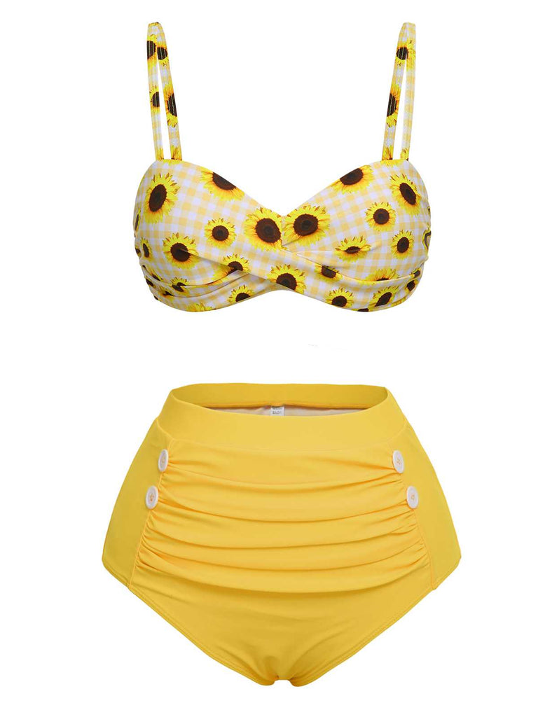 Maillot de bain tournesol jaune à bretelles spaghetti des années 1950