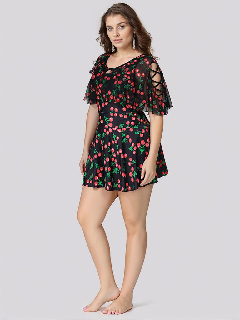 [Grande Taille] Maillot de bain noir jupe motif cerises années 30