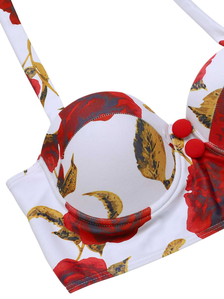 [Prévente] 2PCS Maillot de bain licou roses et jupe cache-maillot bleu des années 1960