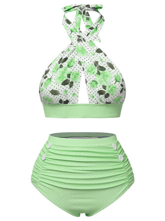 Maillot de bain vert à col croisé et imprimé floral des années 1940