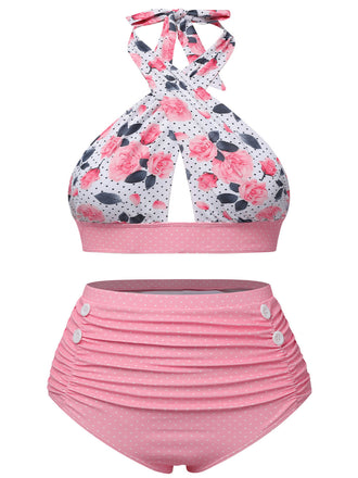 [Grande taille] Maillot de bain dos nu croisé à fleurs rose années 40