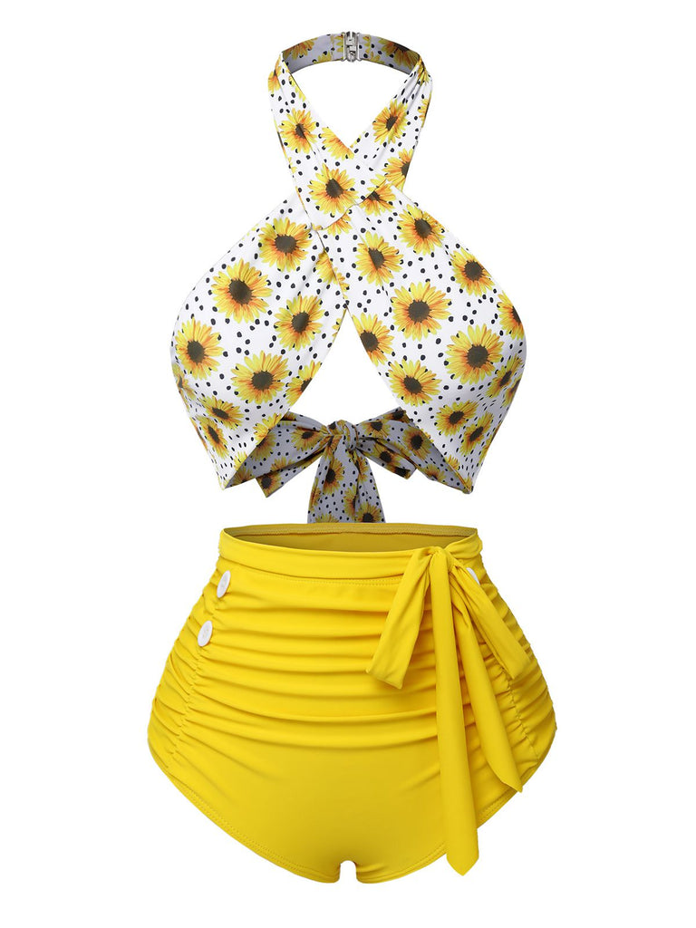 Maillot de bain jaune tournesol croisé dos nu des années 1950