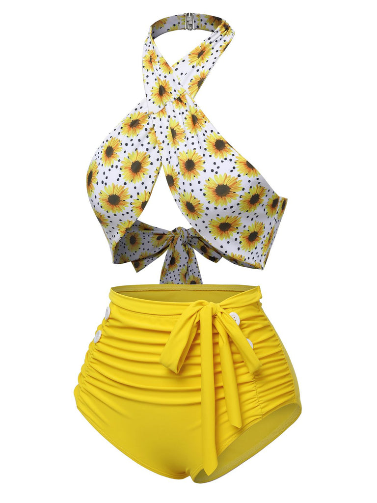 Maillot de bain jaune tournesol croisé dos nu des années 1950