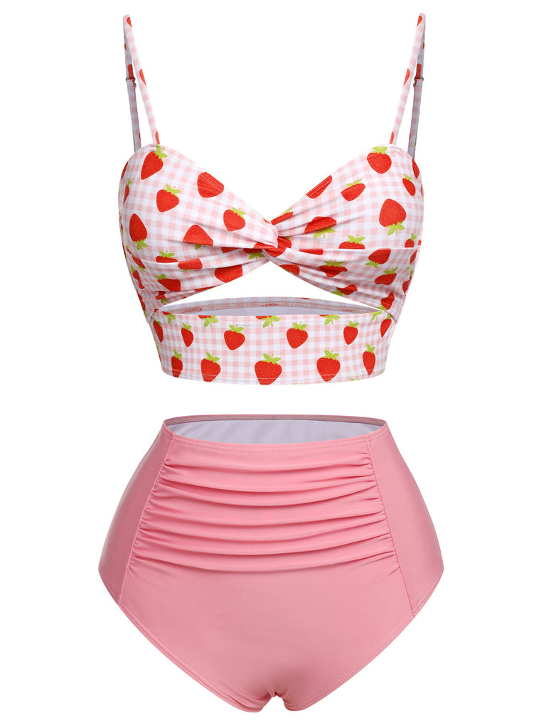 Maillot de bain dos nu rose à carreaux fraise des années 1960