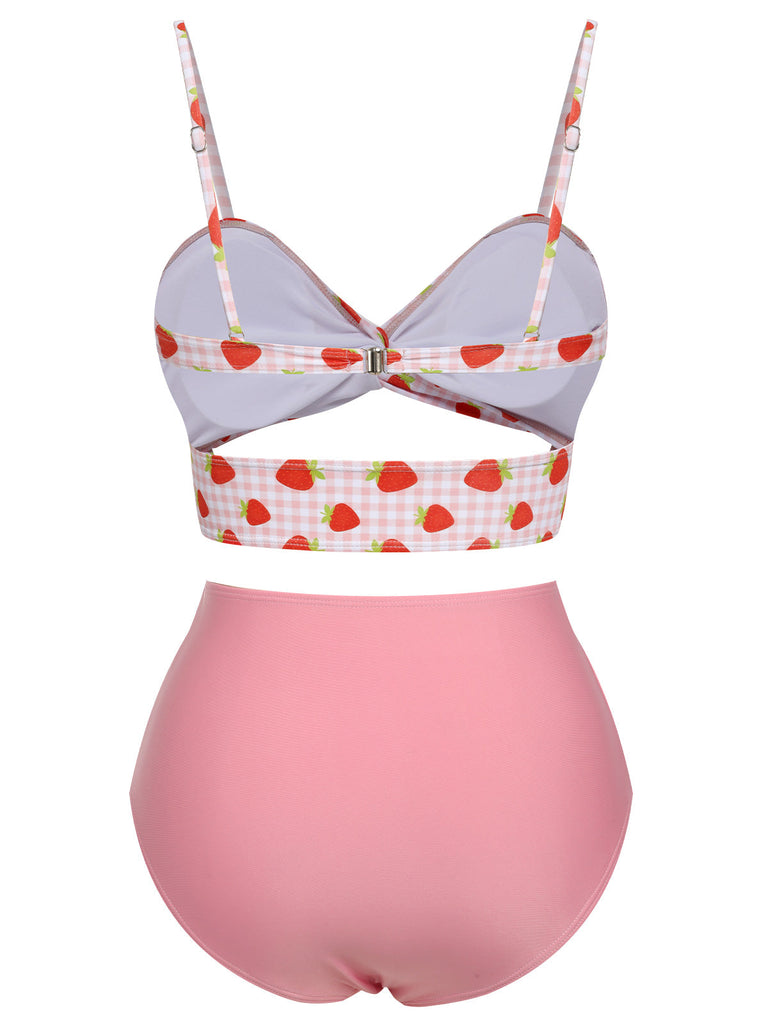 Maillot de bain dos nu rose à carreaux fraise des années 1960