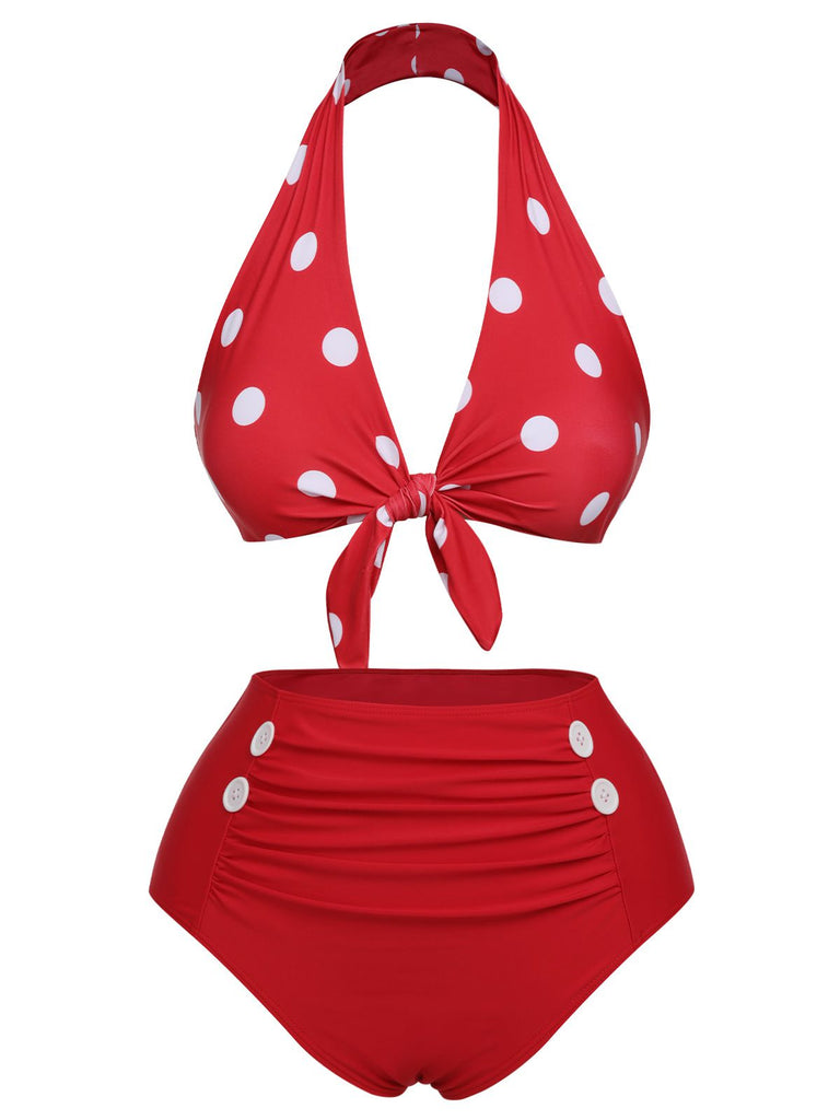 Maillot de bain dos nu rouge à pois des années 1950