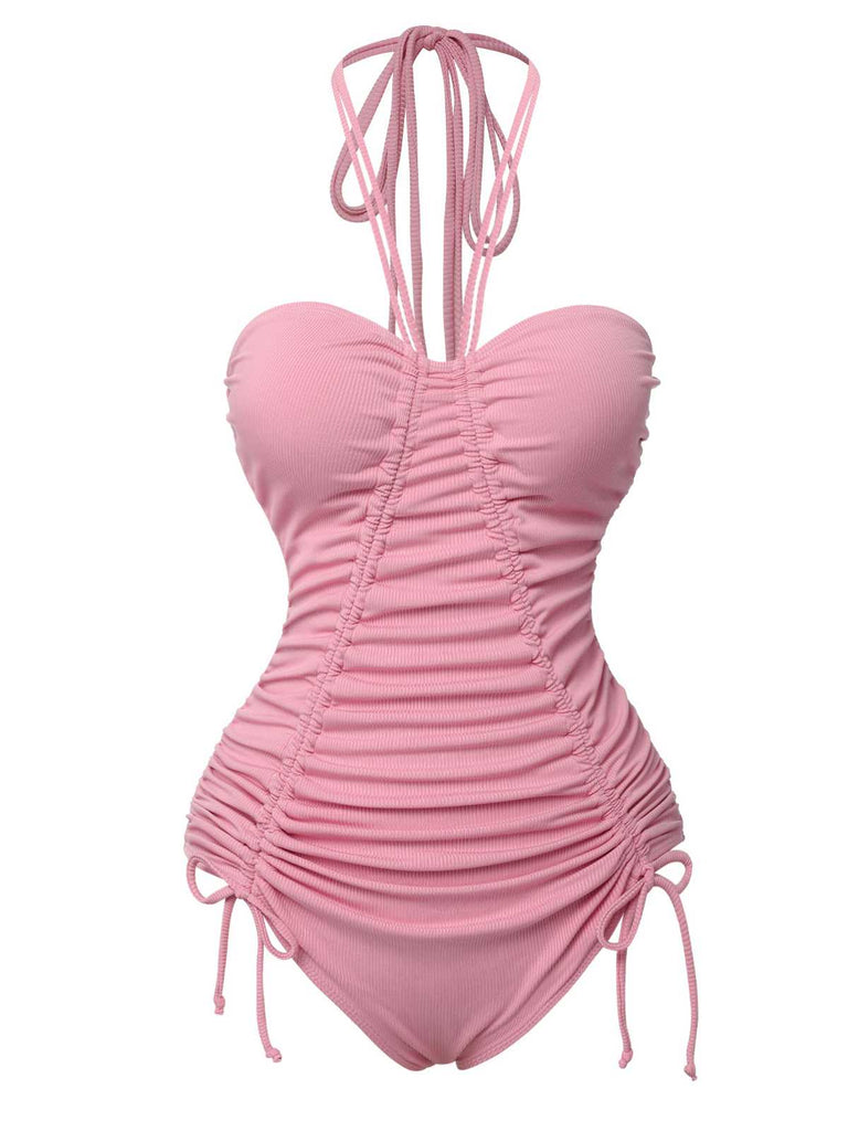 Maillot de bain dos nu plissé à lacets rose des années 1950