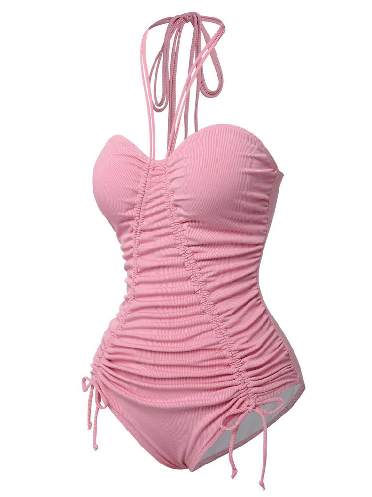 Maillot de bain dos nu plissé à lacets rose des années 1950