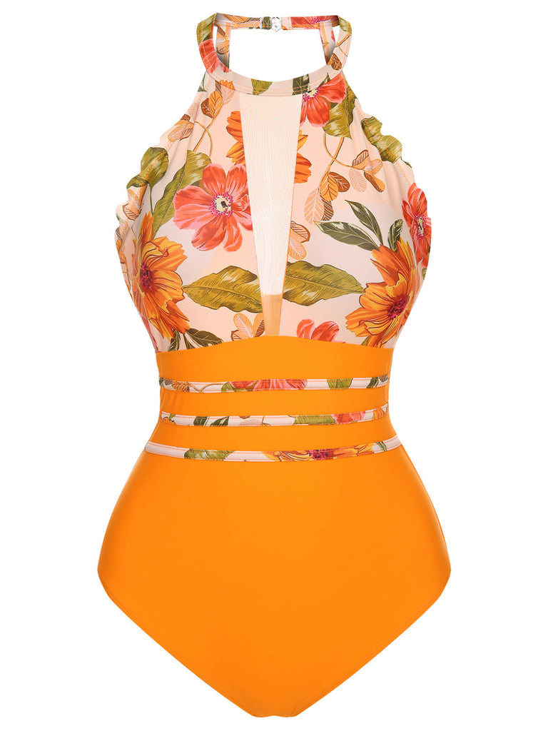 Maillot de bain une pièce floral orange des années 1960