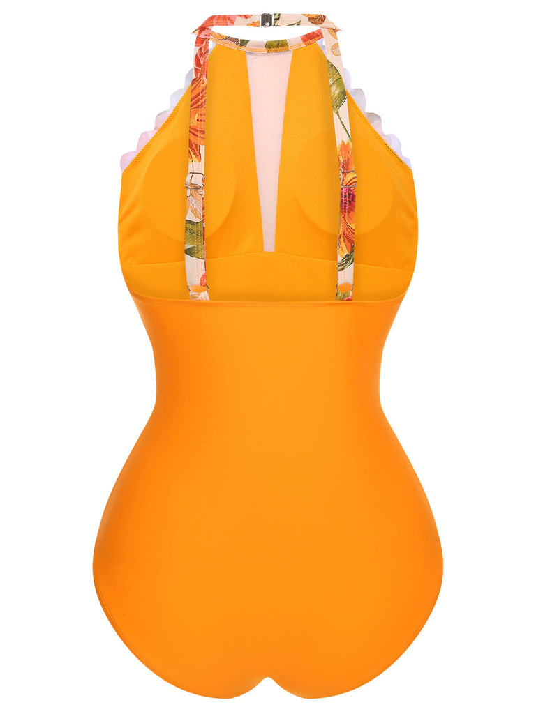 Maillot de bain une pièce floral orange des années 1960