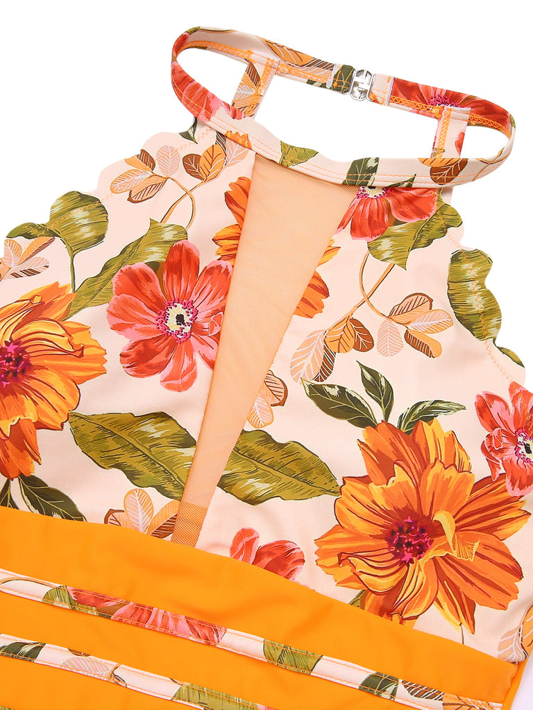 Maillot de bain une pièce floral orange des années 1960