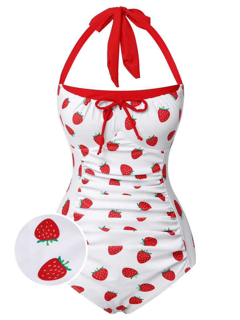 Maillot de bain une pièce rouge et blanc aux fraises des années 1960