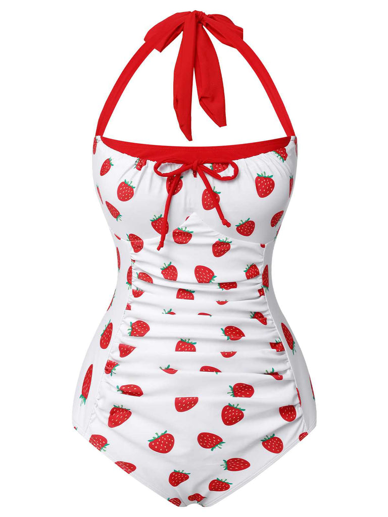 Maillot de bain une pièce rouge et blanc aux fraises des années 1960