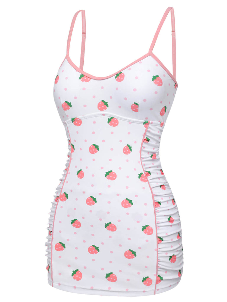 Maillot de bain plissé fraise blanc et rose des années 1950