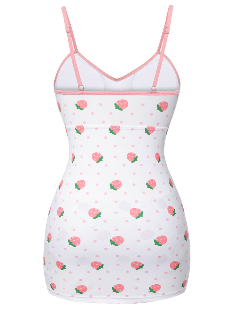 Maillot de bain plissé fraise blanc et rose des années 1950