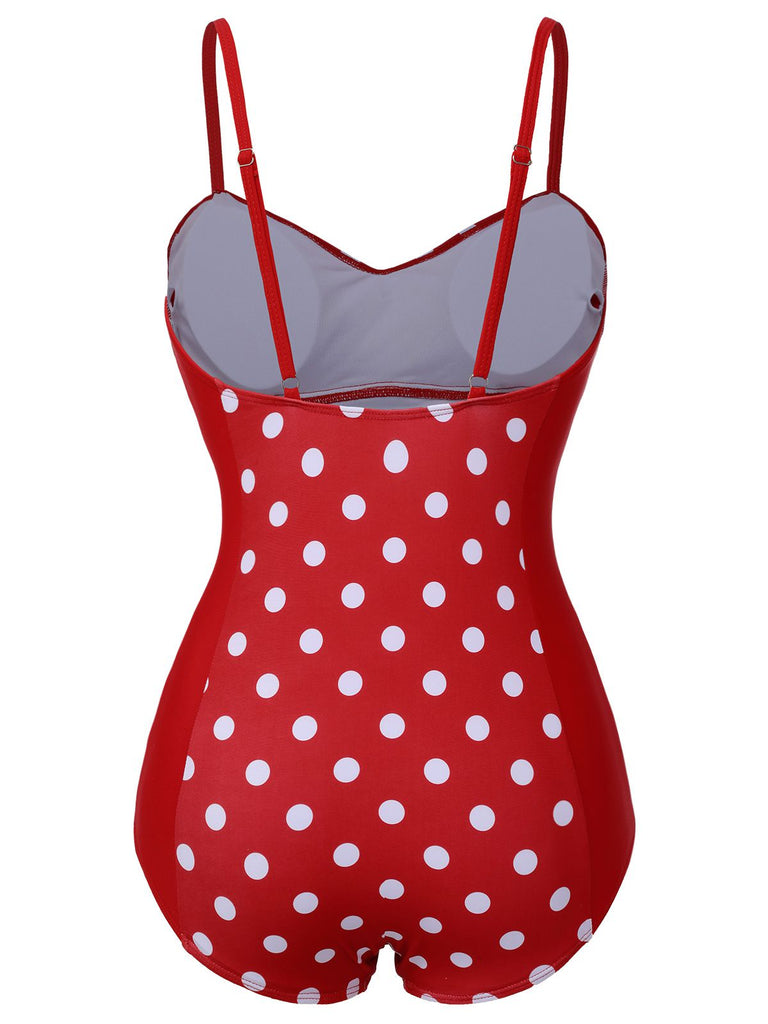 Maillot de bain rouge à bretelles patchwork à pois des années 1950