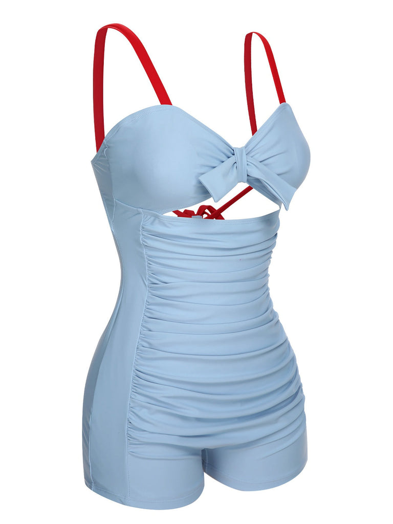 Maillot de bain une pièce bleu à bretelles repliées dans le dos des années 1930