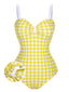 Maillot de bain plissé jaune à bretelles à carreaux des années 1950