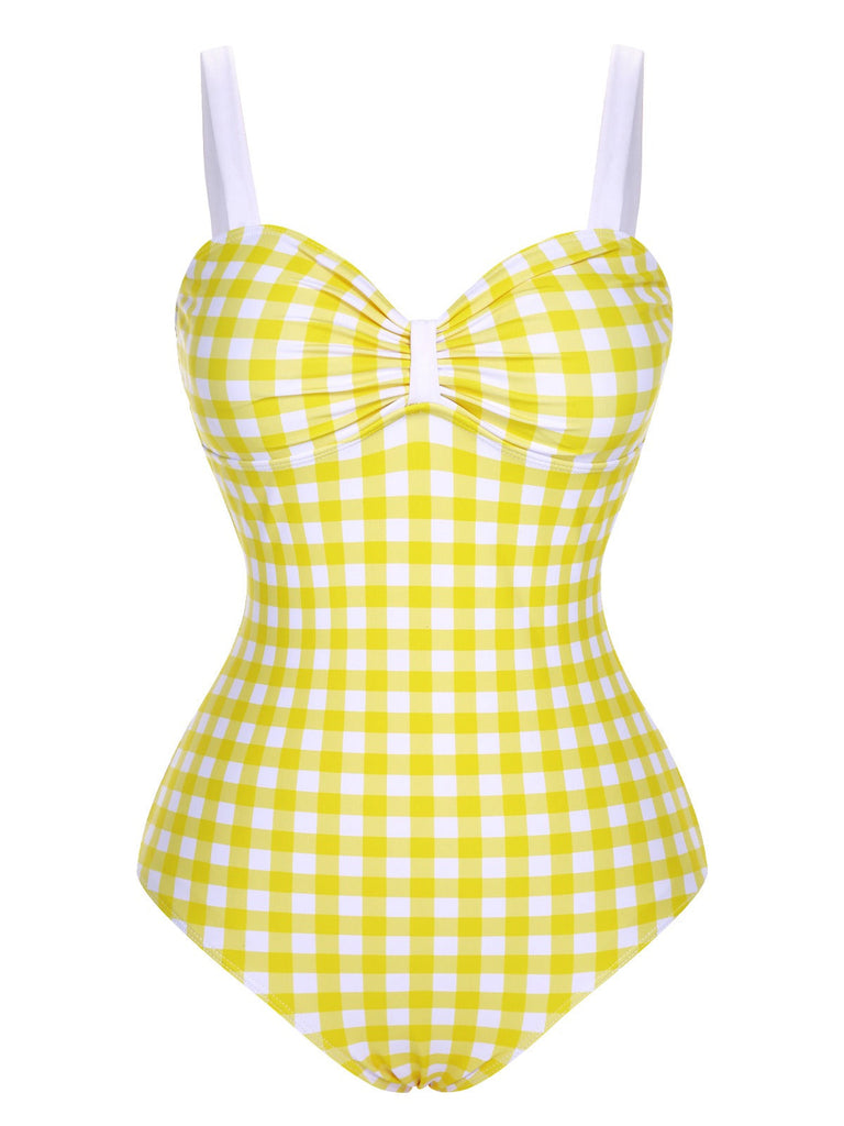 Maillot de bain plissé jaune à bretelles à carreaux des années 1950