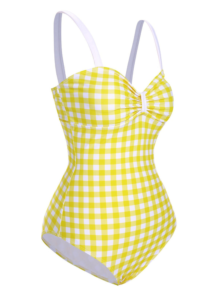 Maillot de bain plissé jaune à bretelles à carreaux des années 1950