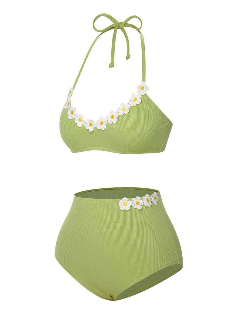 Maillot de bain marguerite en tricot vert clair des années 1960